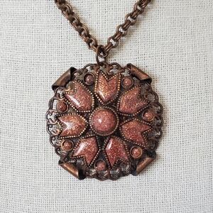 Vintage Copper Faux Goldstone Filigree Pendant Necklace